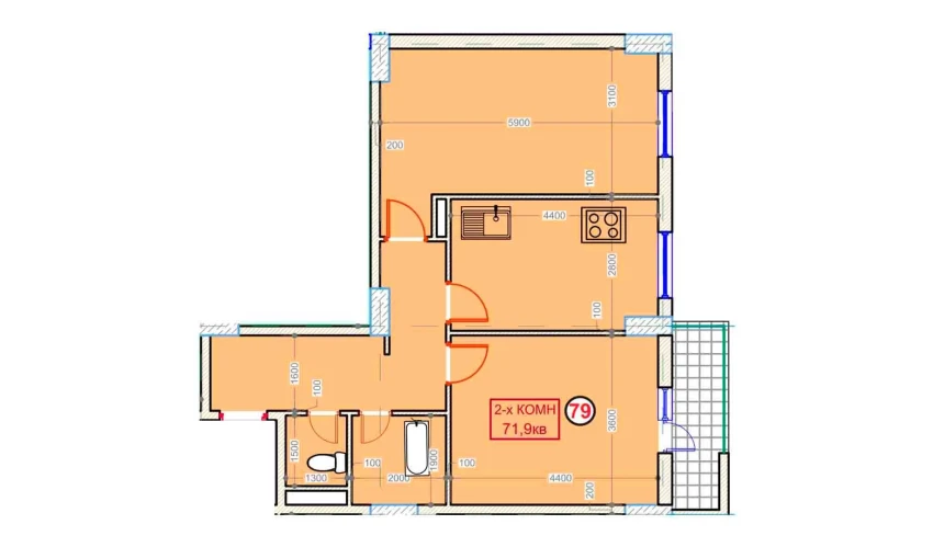 2-комнатная квартира 71.9 м²  9/9 этаж | Жилой комплекс XUMO