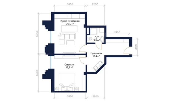 2-комнатная квартира 55.4 м²  1/16 этаж | Жилой комплекс Sapphire Terrace