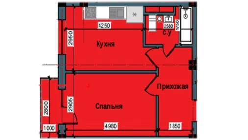 1-xonali xonadon 43.5 m²  4/10 qavat | NUR BARAKA Turar-joy majmuasi