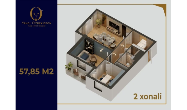2-xonali xonadon 57.85 m²  3/9 qavat | Yangi O'zbekiston Turar-joy majmuasi