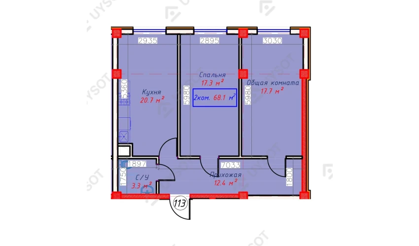 2-комнатная квартира 68.1 м²  1/9 этаж | Жилой комплекс QASHQADARYO