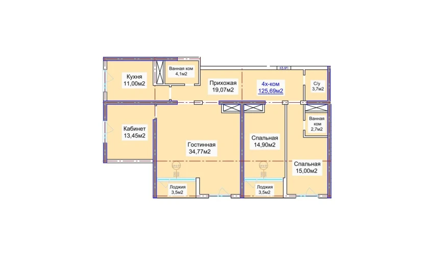4-комнатная квартира 125.69 м²  3/16 этаж | Жилой комплекс ELITE ECO CITY