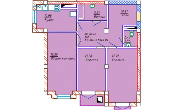 3-xonali xonadon 88.98 m²  3/10 qavat | Samarqand Park Avenue Turar-joy majmuasi