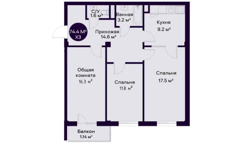 3-комнатная квартира 74.4 м²  3/7 этаж | Жилой комплекс YAQINLAR