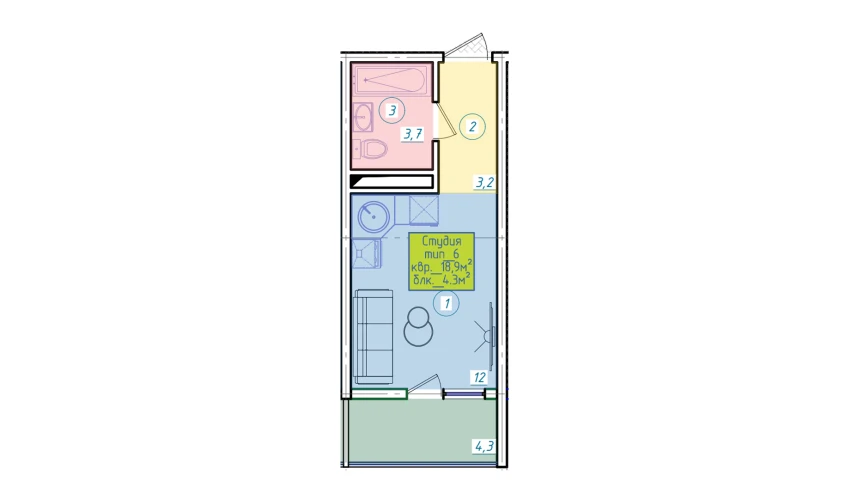 1-комнатная квартира 20.19 м²  3/12 этаж | Жилой комплекс SERGELI CITY