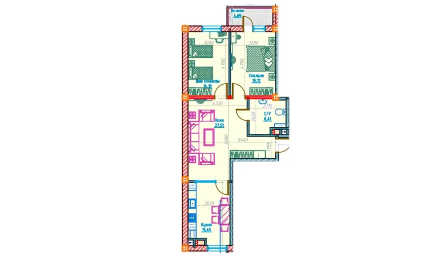 3-комнатная квартира 76.62 м²  10/13 этаж | Жилой комплекс Al-Qasr