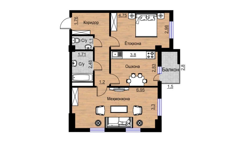 2-комнатная квартира 74.75 м²  16/16 этаж | Жилой комплекс BRILLIANT