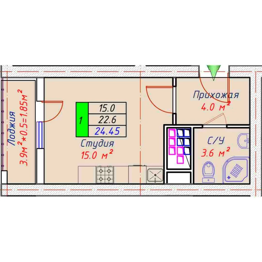 1-xonali xonadon 24.45 m²  23/30 qavat | ECO TOWER Turar-joy majmuasi