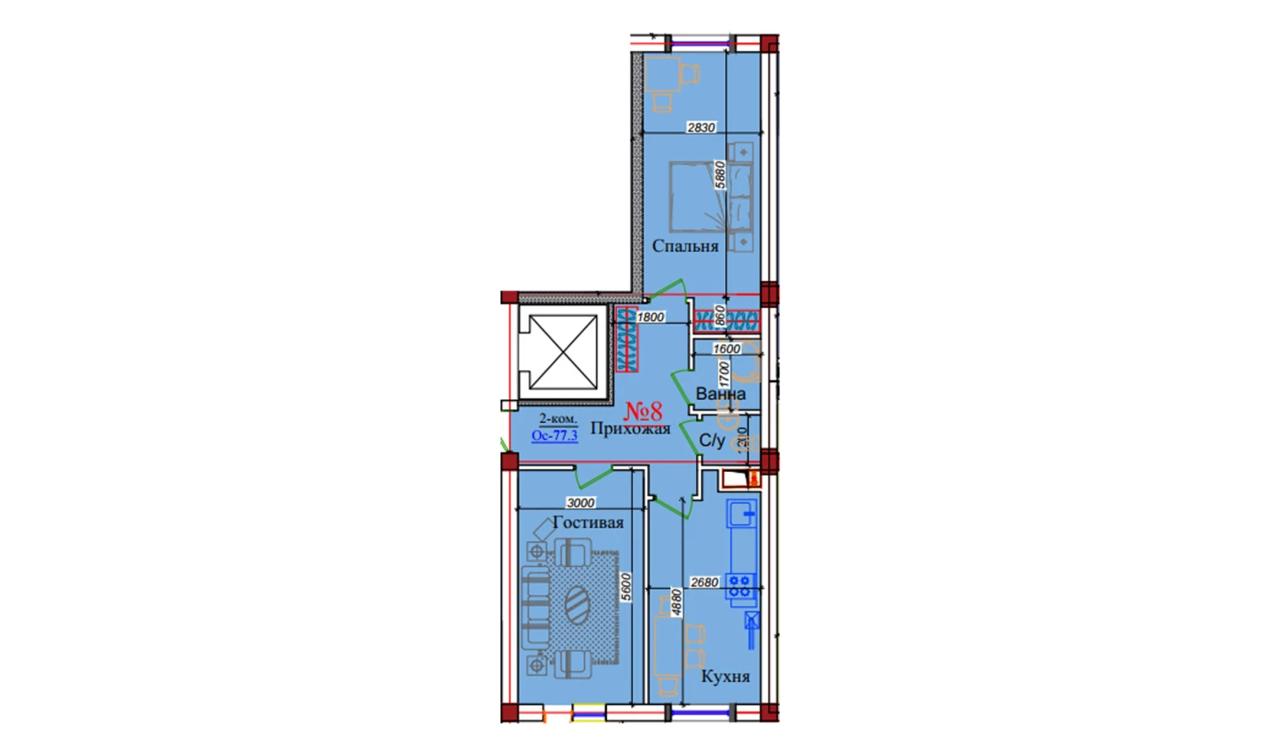 2-комн. квартира 77.3 м²  2/9 этаж | Жилой комплекс ZAR ZAMONAVIY UYLAR