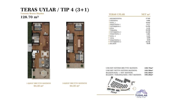 4-xonali xonadon 106.26 m²  2/4 qavat | TUSHLAR VODIYSI Turar-joy majmuasi