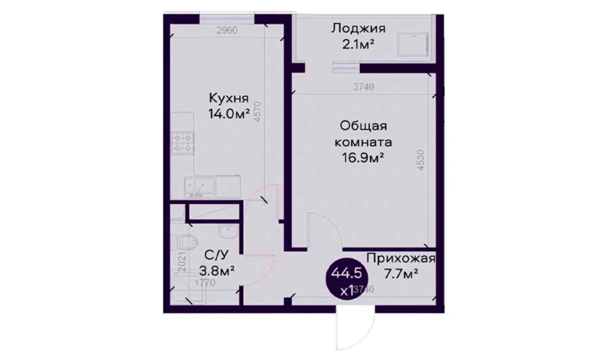 1-xonali xonadon 44.5 m²  2/9 qavat | SOHIL BO'YI ANDIJON Turar-joy majmuasi