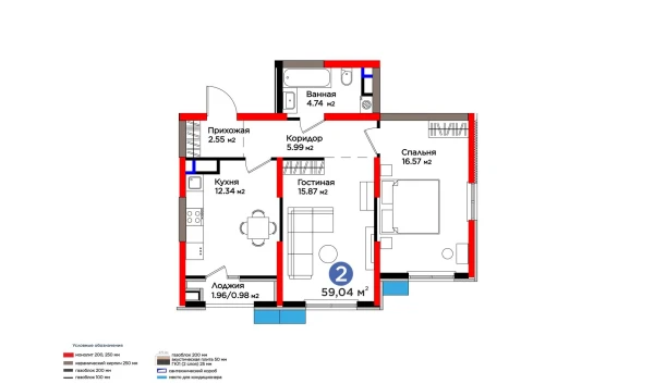 2-комнатная квартира 60.21 м²  6/9 этаж | Жилой комплекс BI Sad'O