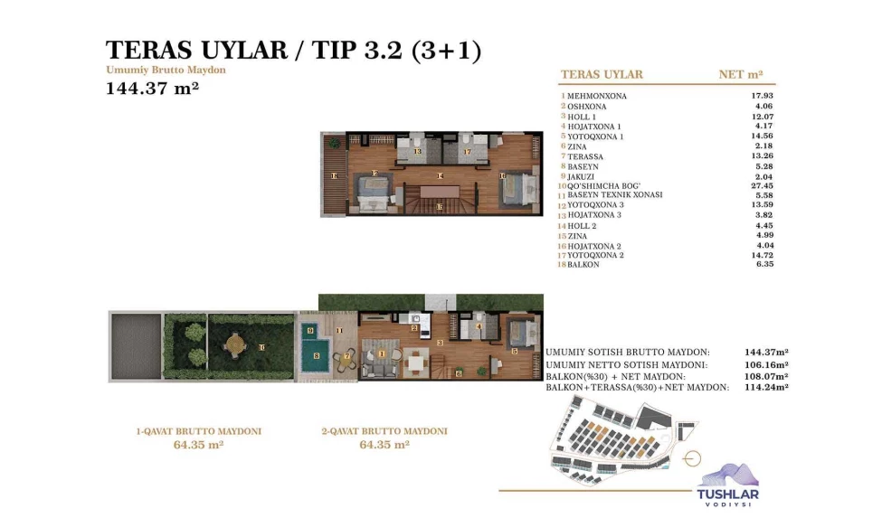 4-xonali xonadon 121.9 m²  3/4 qavat | TUSHLAR VODIYSI Turar-joy majmuasi