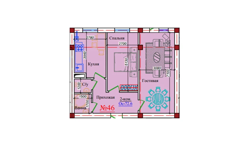 2-комнатная квартира 72.6 м²  5/9 этаж | Жилой комплекс ZAR ZAMONAVIY UYLAR