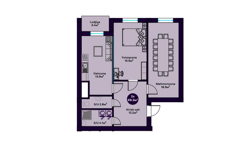 2-комнатная квартира 69.2 м²  7/9 этаж | Жилой комплекс OROM