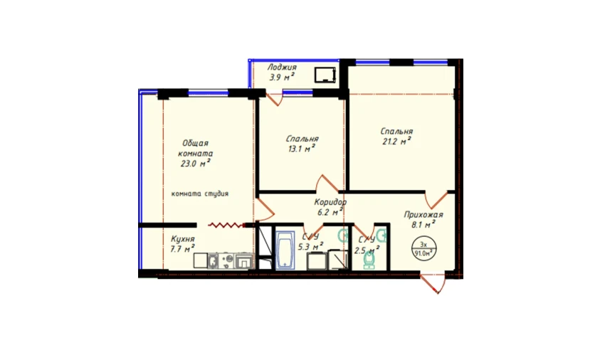 3-комнатная квартира 91 м²  7/19 этаж | Жилой комплекс BRILLIANT CITY AC