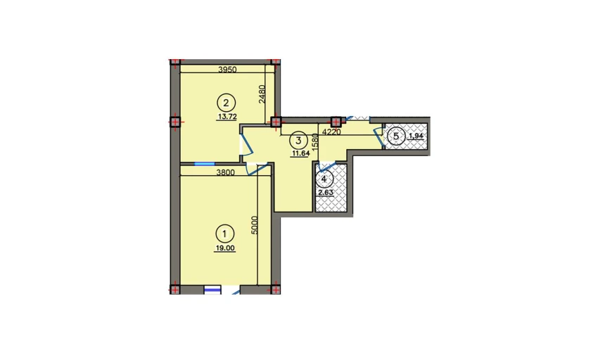 1-xonali xonadon 53.94 m²  4/10 qavat | Qibray City Turar-joy majmuasi
