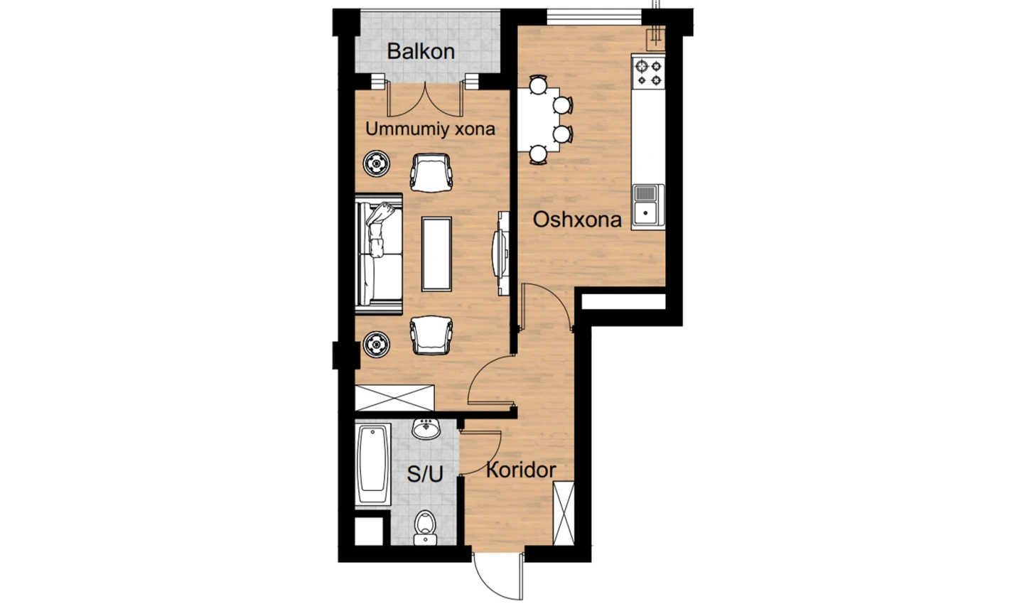 1-xonali xonadon 45.6 m²  11/16 qavat | Musaffo Turar-joy majmuasi