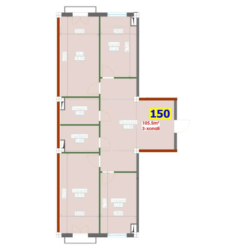 3-комн. квартира 105.5 м²  2/9 этаж | Жилой комплекс YANGI AVLOD