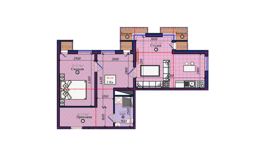 2-xonali xonadon 56.1 m²  4/10 qavat | NURAFSHON Turar-joy majmuasi