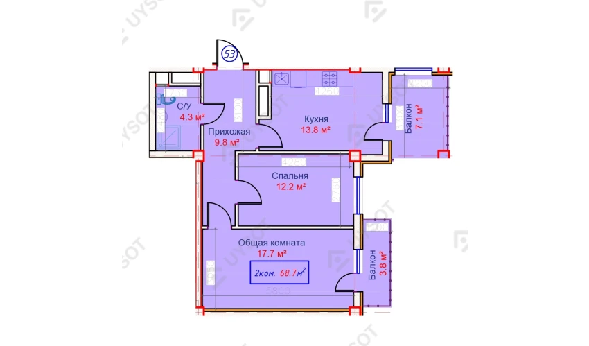 2-xonali xonadon 68.7 m²  2/9 qavat | QASHQADARYO Turar-joy majmuasi