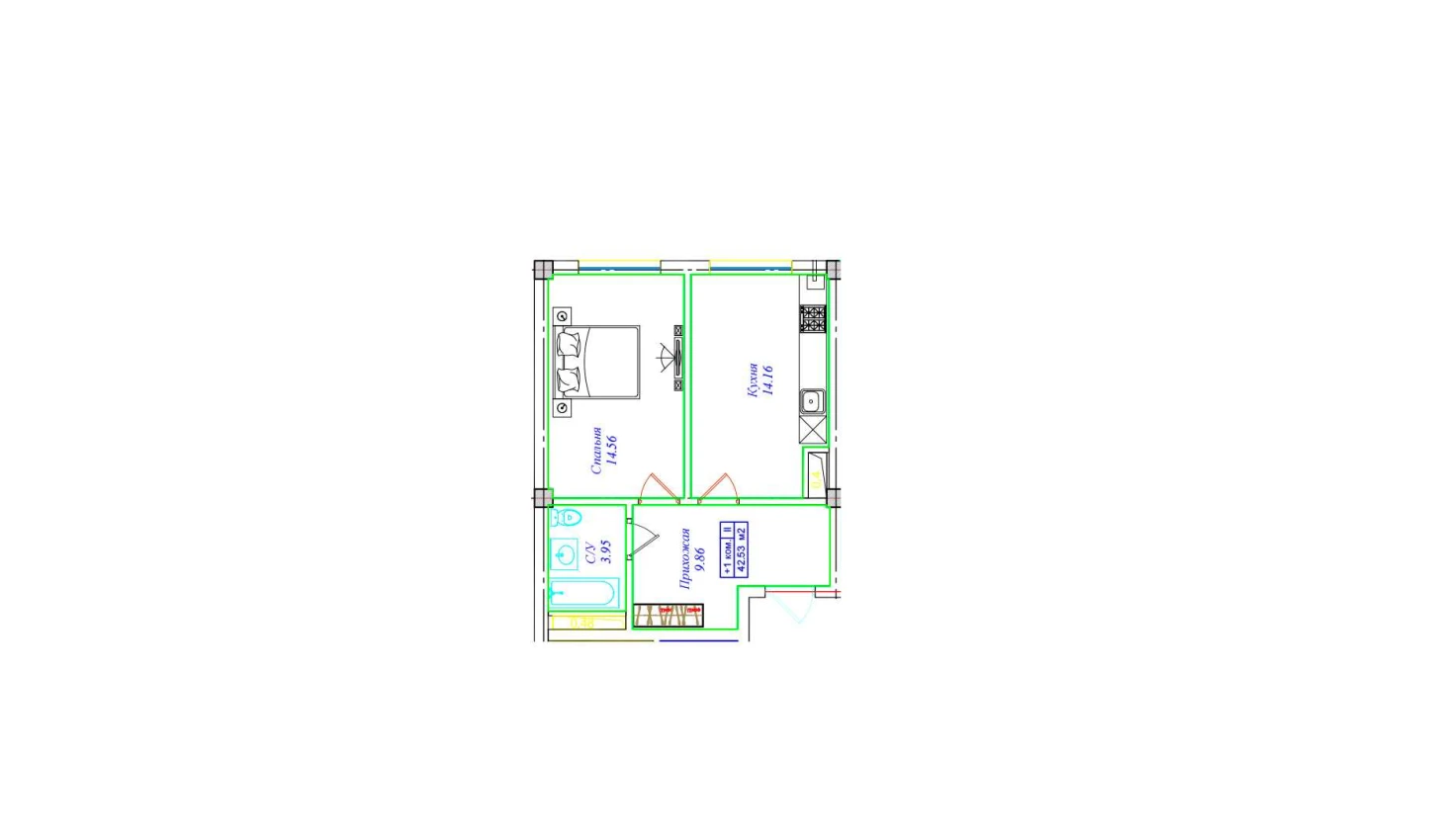 1-xonali xonadon 42.53 m²  7/9 qavat | UCHTEPA CITY Turar-joy majmuasi