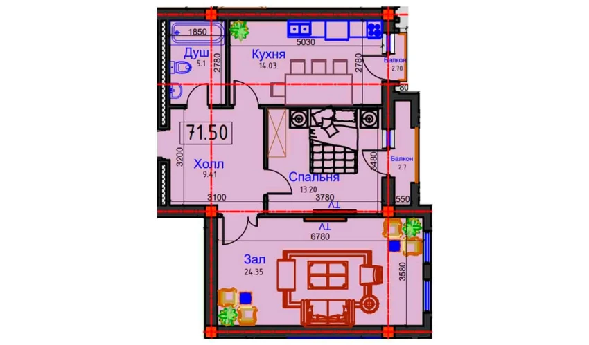 2-комнатная квартира 71.5 м²  6/9 этаж | Жилой комплекс BAHOR