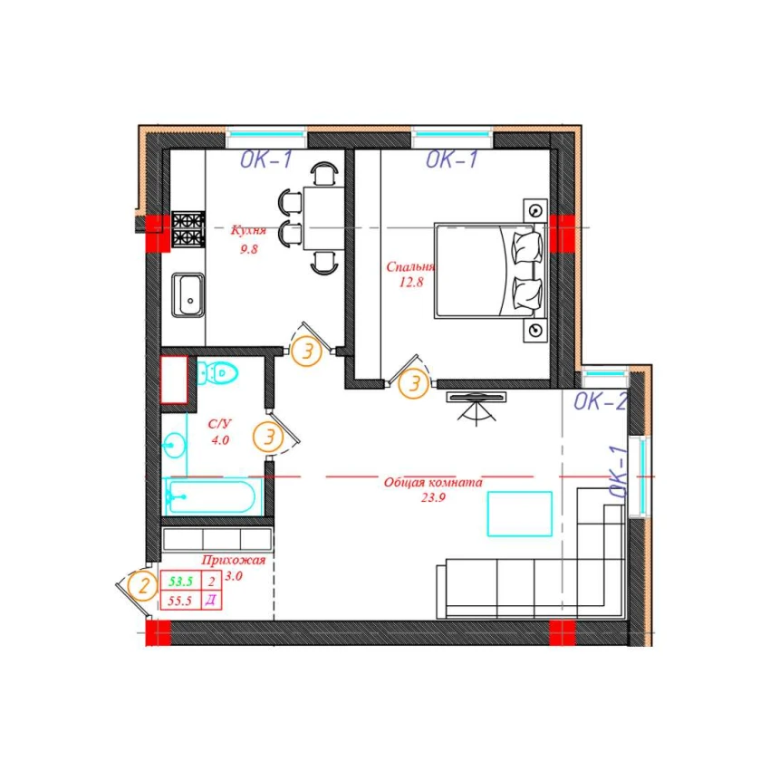 2-комн. квартира 55.5 м²  1/12 этаж | Жилой комплекс CHINARA PARK