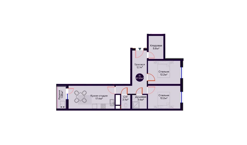 3-комнатная квартира 67.25 м²  14/16 этаж | Жилой комплекс Crystal Avenue