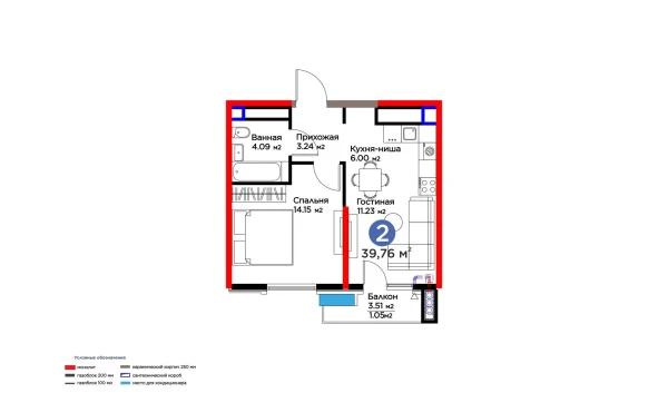 2-комнатная квартира 39.76 м²  10/16 этаж | Жилой комплекс BI SAN'AT