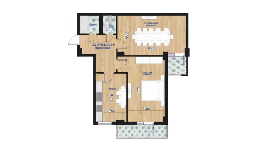 2-комнатная квартира 75.67 м²  3/7 этаж | Жилой комплекс O'ZBEGIM