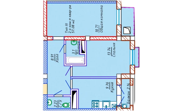 2-xonali xonadon 57.08 m²  3/10 qavat | Samarqand Park Avenue Turar-joy majmuasi