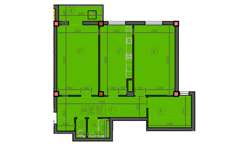 3-xonali xonadon 93 m²  2/12 qavat | Sokin hayot Turar-joy majmuasi