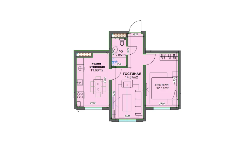 2-комнатная квартира 41.43 м²  1/16 этаж | Жилой комплекс BASHKENT