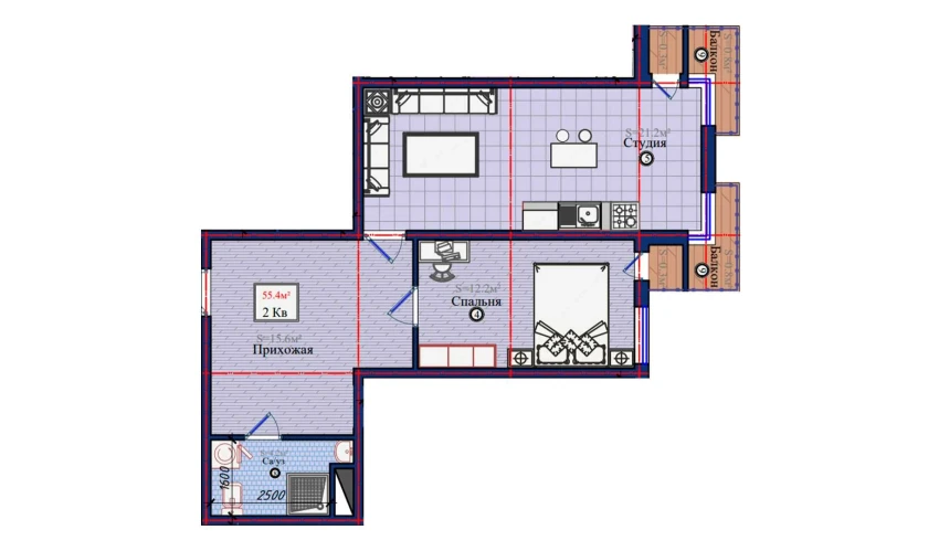 2-комнатная квартира 55.4 м²  1/10 этаж | Жилой комплекс NURAFSHON