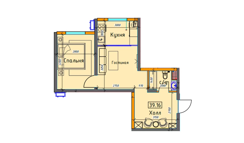 1-xonali xonadon 39.36 m²  1/16 qavat | BASHKENT Turar-joy majmuasi