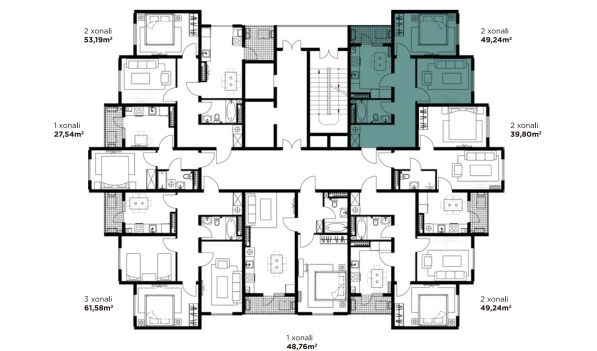 2-комнатная квартира 49.24 м²  7/16 этаж | Жилой комплекс BASHKENT
