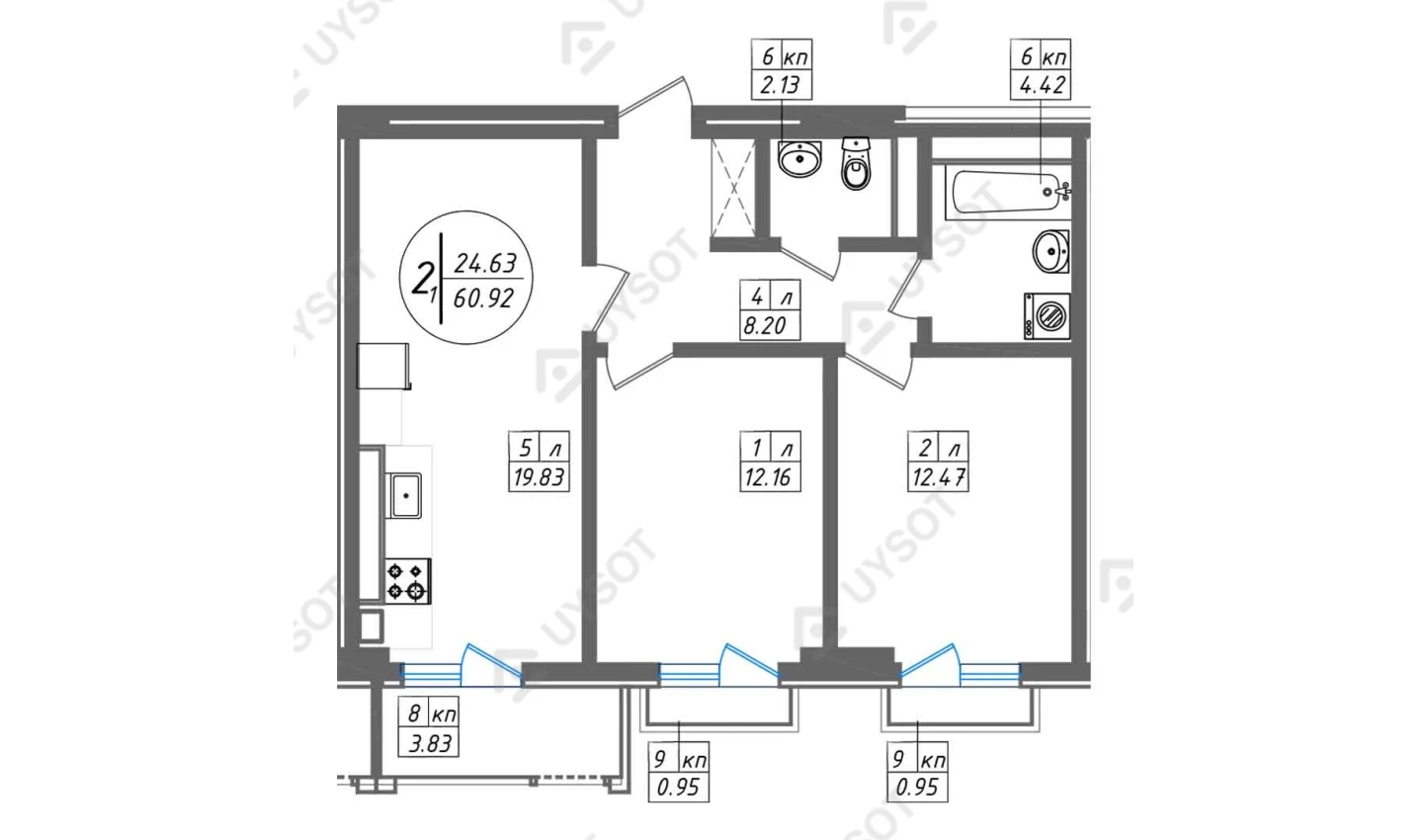 2-комн. квартира 60.92 м²  2/12 этаж | Жилой комплекс SUN