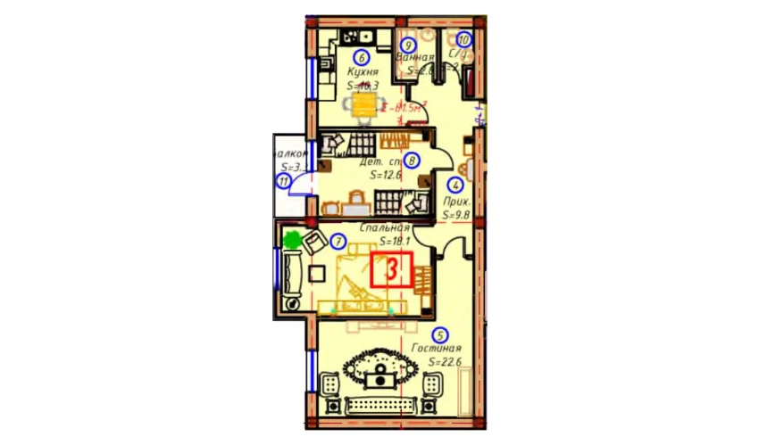 3-комнатная квартира 81.5 м²  2/9 этаж | Жилой комплекс SAMARQAND CITY