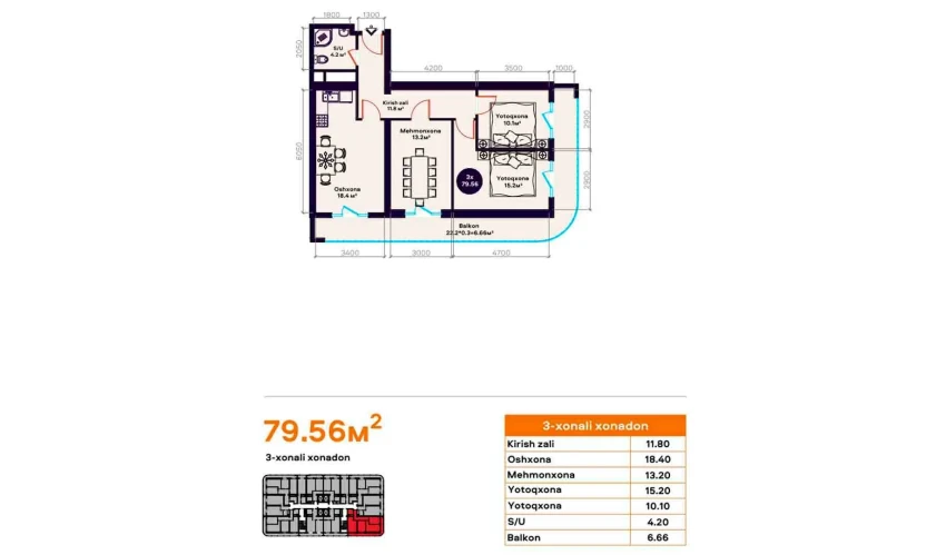 3-комнатная квартира 79.56 м²  17/22 этаж | Жилой комплекс TXT Tower