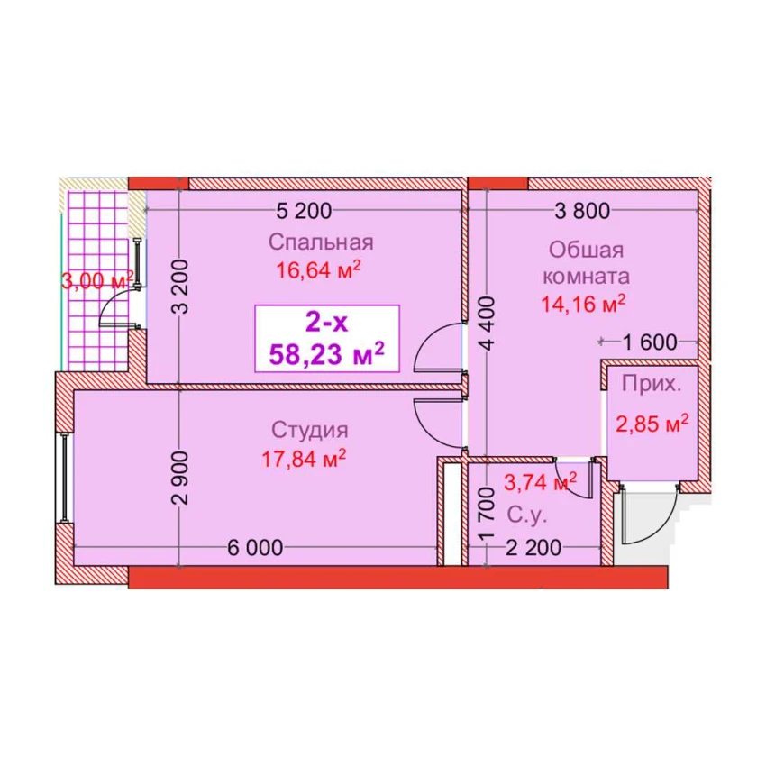 2-комн. квартира 58.23 м²  3/8 этаж | Жилой комплекс CAPITAL AVENUE
