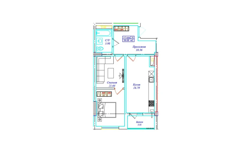 1-комнатная квартира 56.68 м²  4/17 этаж | Жилой комплекс ASTRA