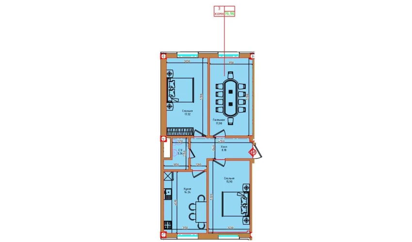 3-комнатная квартира 76.96 м²  1/8 этаж | Жилой комплекс Markaz