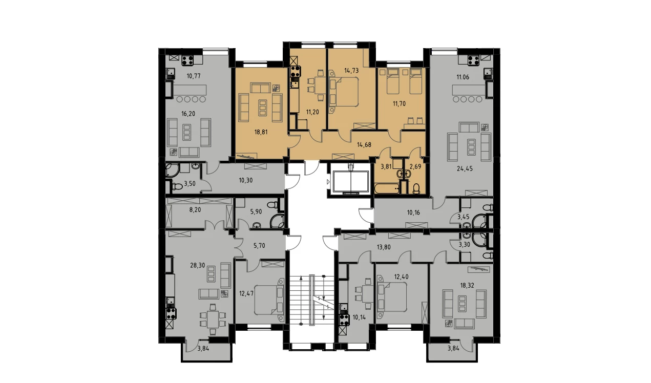 3-xonali xonadon 77.62 m²  2/9 qavat | MINGCHINOR Turar-joy majmuasi
