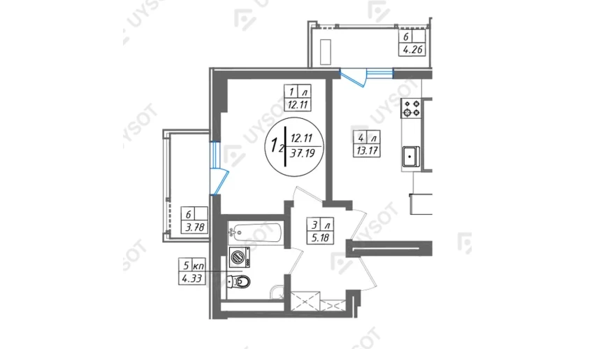 1-комнатная квартира 37.19 м²  2/11 этаж | Жилой комплекс SUN