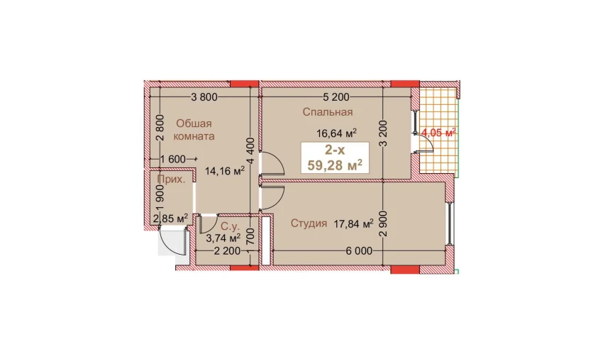 2-xonali xonadon 59.28 m²  5/8 qavat | CAPITAL AVENUE Turar-joy majmuasi