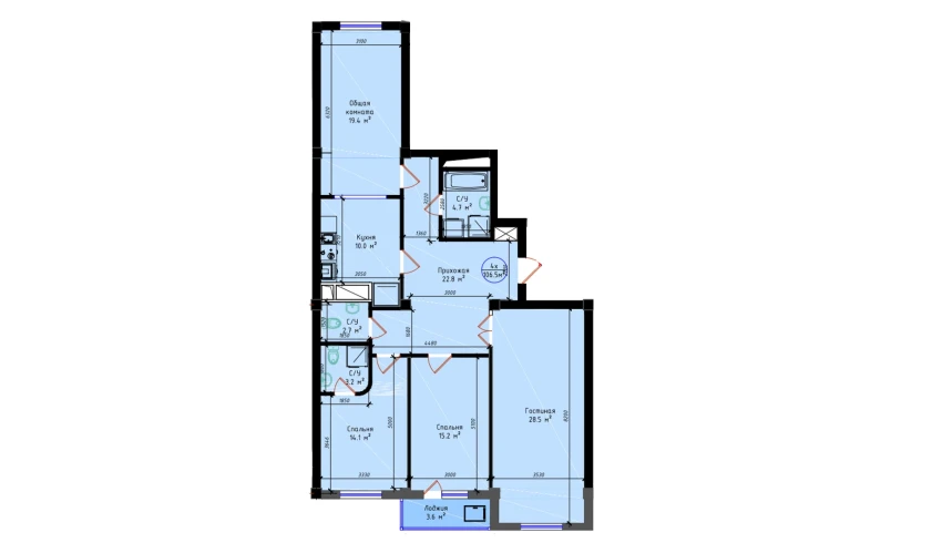 4-комнатная квартира 124.2 м²  21/21 этаж | Жилой комплекс BRILLIANT CITY AC