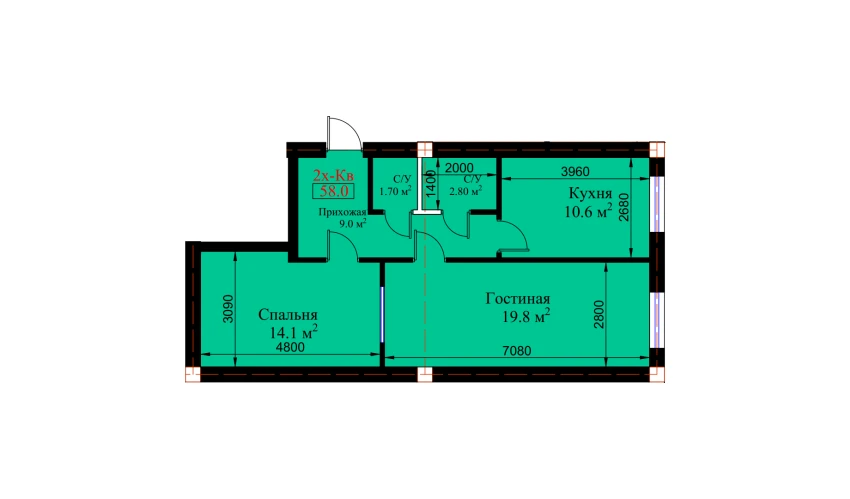 2-xonali xonadon 58 m²  3/8 qavat | MUHTASHAM Turar-joy majmuasi