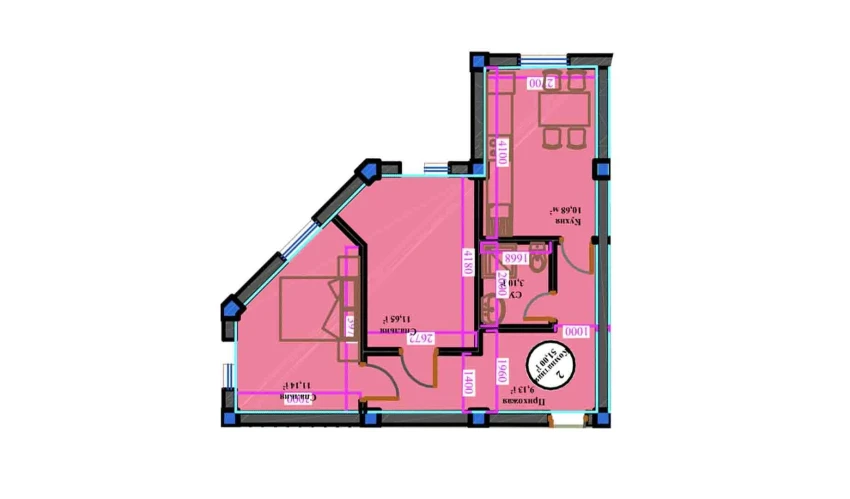 2-комнатная квартира 51 м²  2/11 этаж | Жилой комплекс ANHOR AVENUE