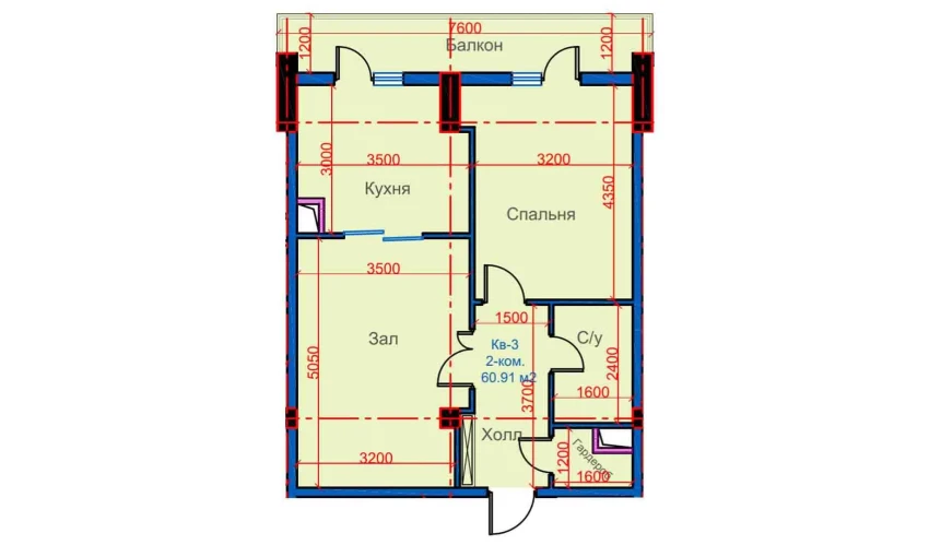 2-xonali xonadon 60.91 m²  8/12 qavat | Sokin city Turar-joy majmuasi
